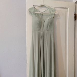 Pale green full length bridesmaid dress
